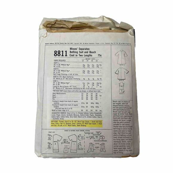 McCalls 8811 Size 12 Bust 32 Bikini Suit, Mod Dress, Tunic Dress, Caftan Dress - Picture 2 of 5